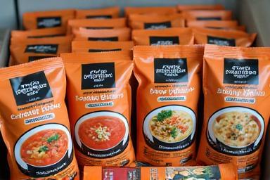 Neatly arranged Sup Bonda Delights frozen soup packs ready for sale